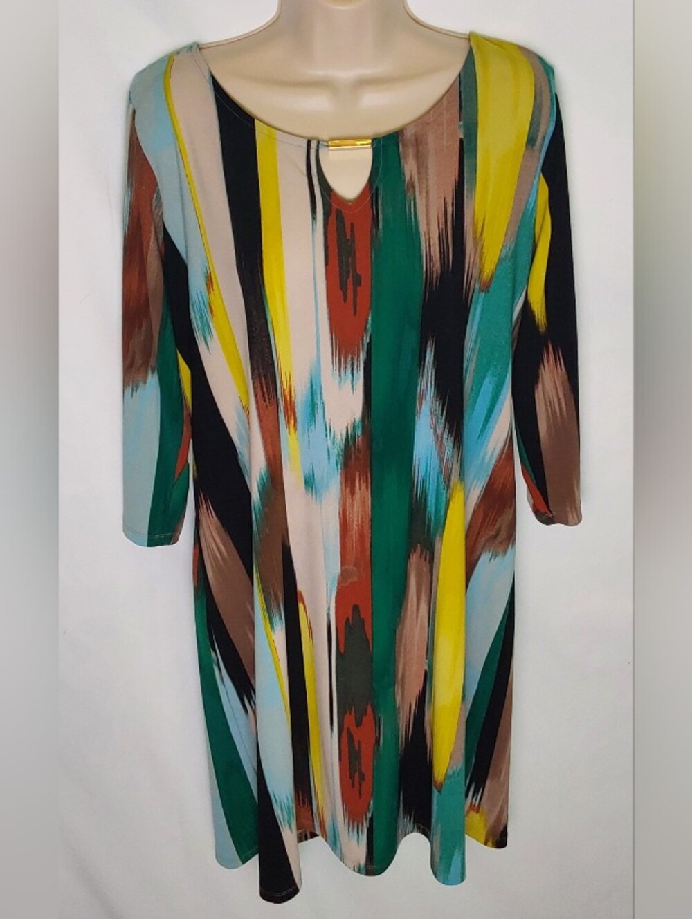 Dana Buchman Teal, Yellow, Brown & Black Brushstroke 3/4 Sleeve Dress